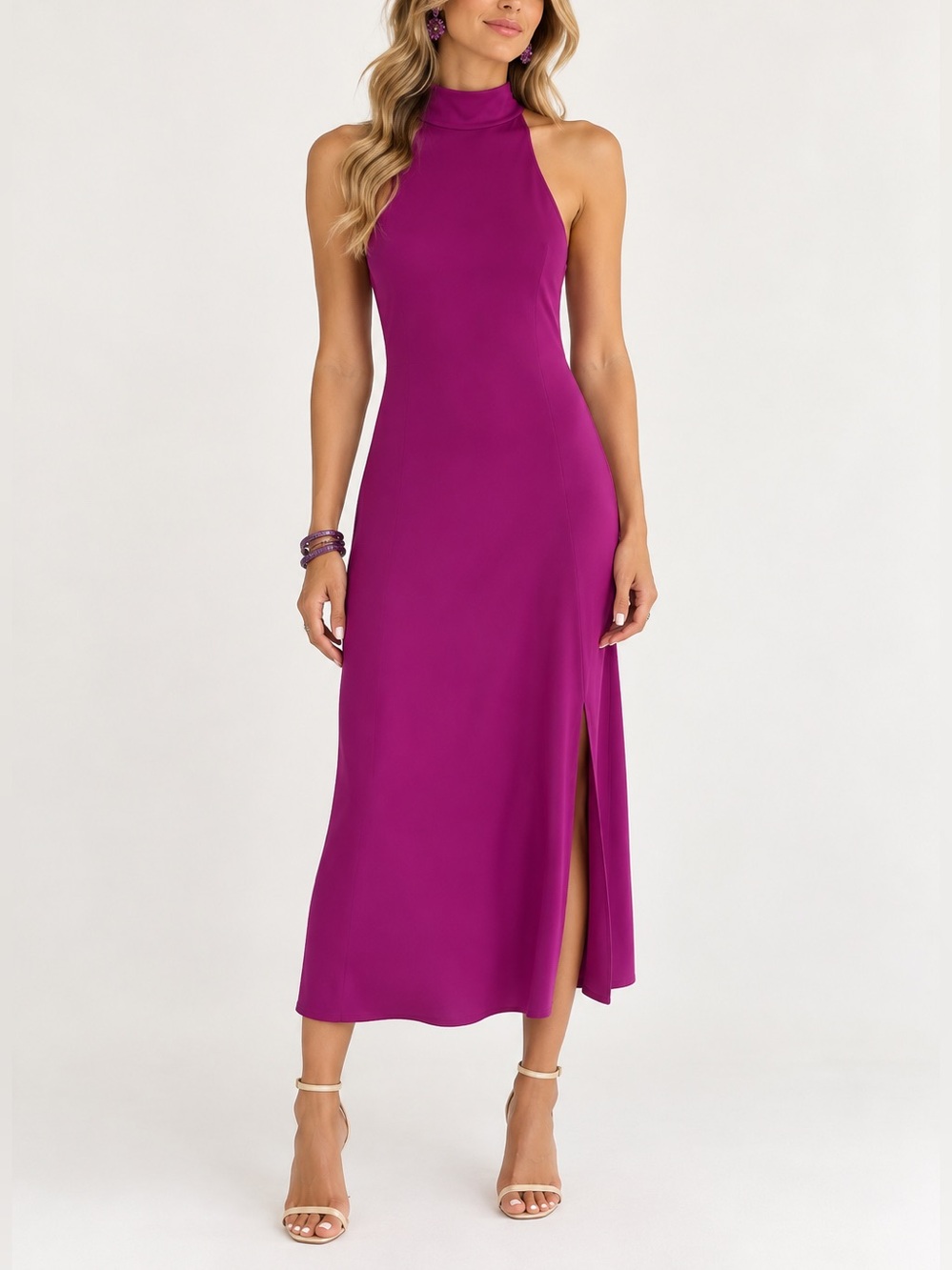 High-Neck Midi Dress in Vibrant Purple